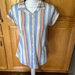 Women’s Striped Button Down Short Sleeve Blouse, Size Medium